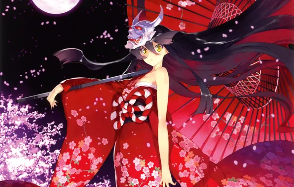 Picture girl, flowers, night, the moon, umbrella, anime, petals, Sakura, mask, art, kimono, devil, ueda ryou, …