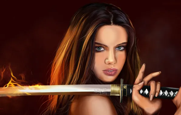Picture eyes, look, girl, face, weapons, fire, hair, katana, hands, art