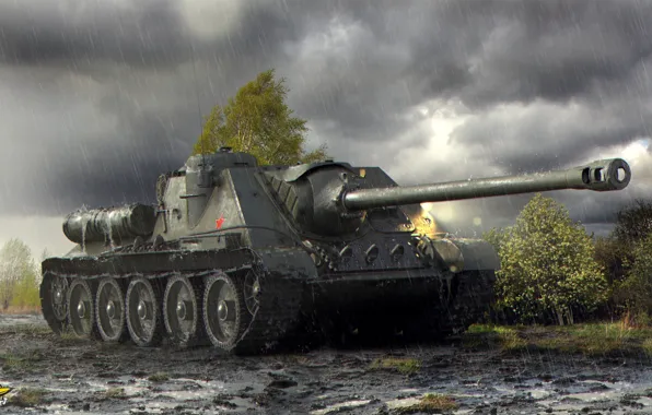 Picture trees, clouds, rain, dirt, USSR, bad weather, slush, Soviet, SU-100, World of Tanks, PT-ACS