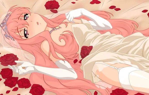 Picture girl, bed, roses, necklace, crown, ring, gloves, wedding dress, zero no tsukaima, Improvised Louise The …