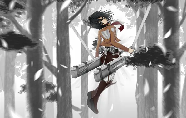 Picture girl, trees, nature, weapons, sword, anime, art, shingeki no kyojin, mikasa ackerman, the invasion of …