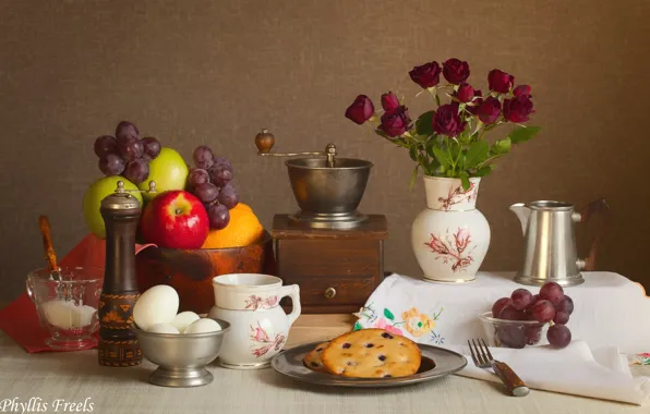 Picture apples, roses, eggs, bouquet, cookies, grapes, dishes, still life, coffee grinder