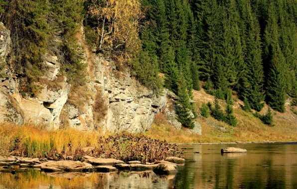 Picture autumn, trees, river, stones, rocks, Russia, Perm Krai, The Koiva