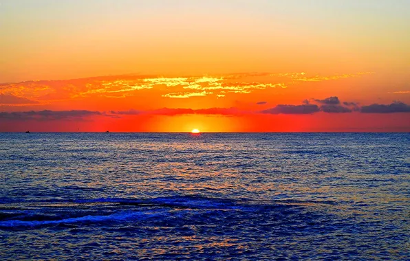 Picture sea, clouds, sunrise, boats, horizon, orange sky