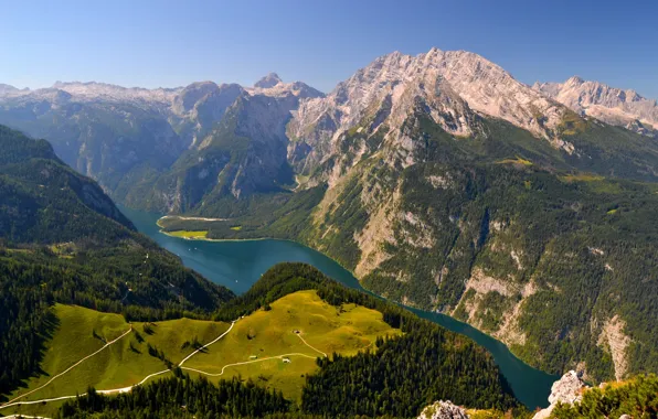 Picture mountains, lake, Germany, Bayern, Alps, panorama, Germany, Bavaria, Alps, Königssee lake, lake Königssee, Berchtesgaden Alps, …