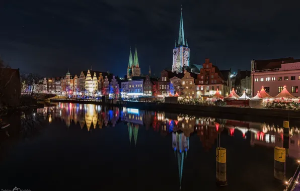 Picture the sky, night, the city, reflection, river, building, home, Germany, backlight, port, Lubeck, The grass