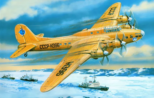 Picture aviation, the plane, art, bomber, action, BBC, heavy, polar, Soviet, far, four-engine, Of the Soviet …