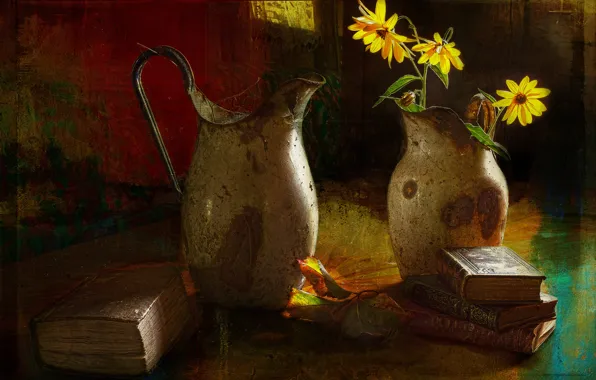 Picture flowers, style, books, vintage, pitchers