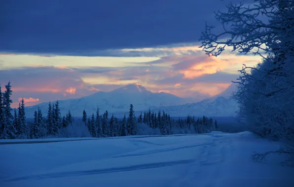Picture winter, snow, mountains, sunrise, morning, Alaska
