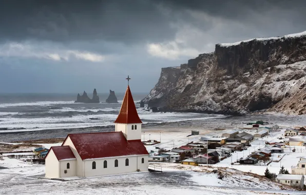 Picture ocean, iceland, church