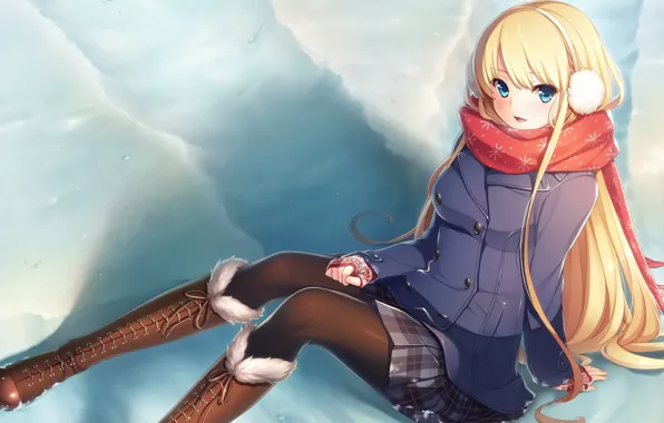 Picture girl, snow, scarf, anime, art, Gin'iro Haruka