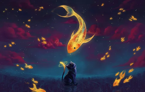Picture clouds, the city, fantasy, watch, fish, stars, the evening, art, goldfish, dial, kitty