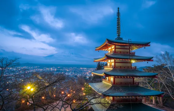 Picture light, sunset, Japan, pagoda