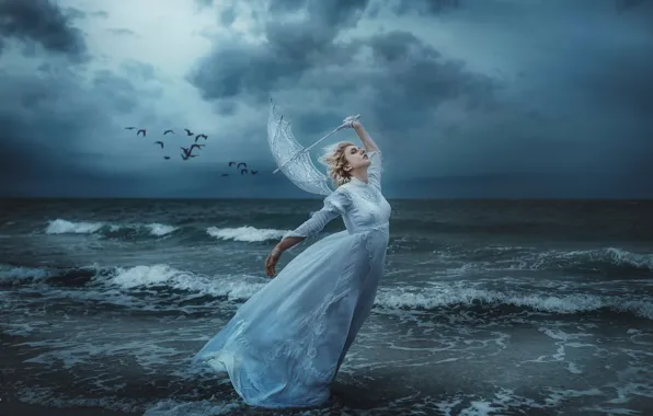 Picture sea, girl, birds, storm, the wind, shore, umbrella, TJ Drysdale, Save Me
