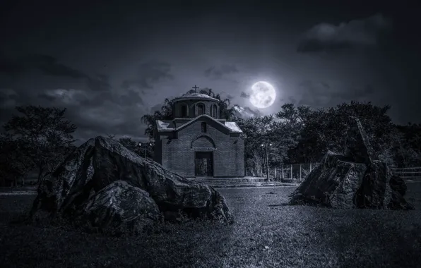 Picture the sky, grass, clouds, night, stones, the moon, Church, the full moon