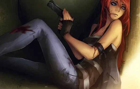 Picture girl, gun, weapons, wall, blood, art, red, wound, sitting, udonnodu