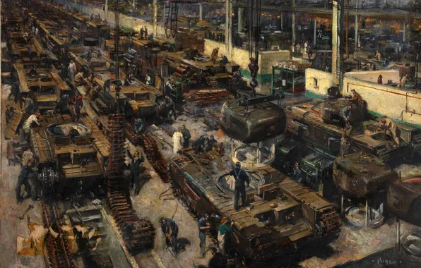 Picture oil, picture, canvas, the artist Terence Cuneo, "The production of tanks in Britain"