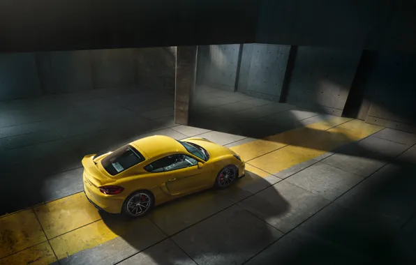 Picture Porsche, Cayman, Yellow, Parking, Supercar, GT4, 2015, Top View