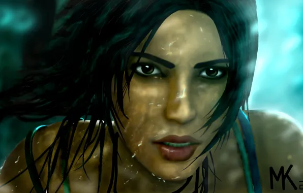 Picture look, water, girl, drops, squirt, face, hair, the game, 2013, Tomb raider, Lara croft