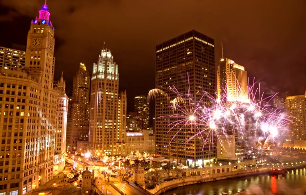 Picture road, night, bridge, the city, holiday, Chicago, fireworks, Illinois