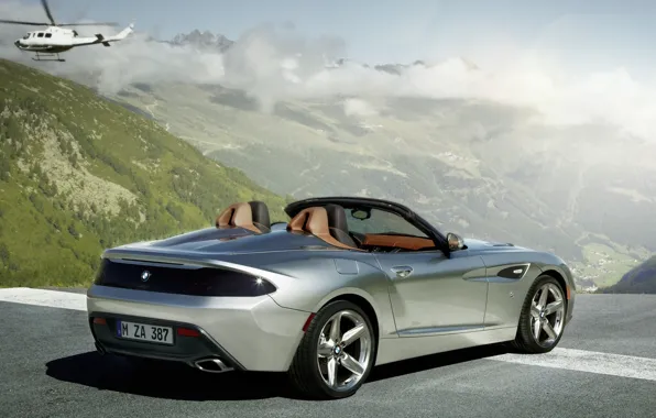 Picture the sky, clouds, mountains, Roadster, silver, BMW, BMW, helicopter, rear view, Zagato, Zagato, Roadster