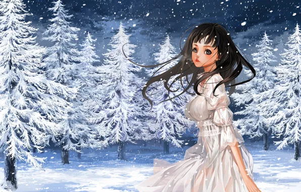 Picture winter, girl, snow, nature, tree, anime, art, couples, justminor