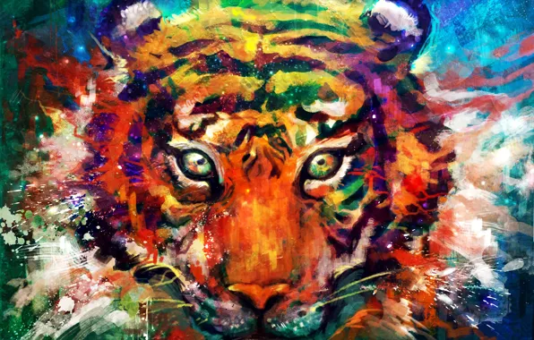 Picture eyes, look, tiger, animal, head, art