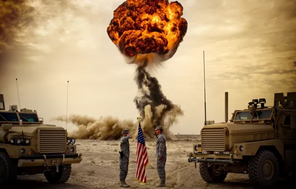 Picture trucks, the explosion, mushroom, soldiers, USA, army, greeting