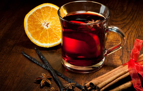 Picture winter, orange, sticks, Cup, drink, cinnamon, vanilla, spices, star anise, Anis, mulled wine