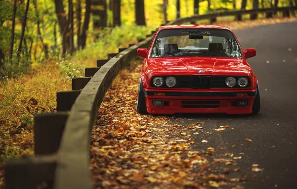 Picture road, autumn, leaves, BMW, E30