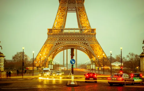 Picture machine, France, Paris, the evening, lighting, lights, Eiffel tower, Jena bridge, The Champ de Mars