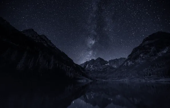 Picture the sky, stars, mountains, night, lake, the milky way