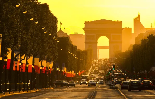 Picture city, light, Paris, road, cars, trees, sunset, France, street, flags, Arc de Triomphe, avenue, building, …