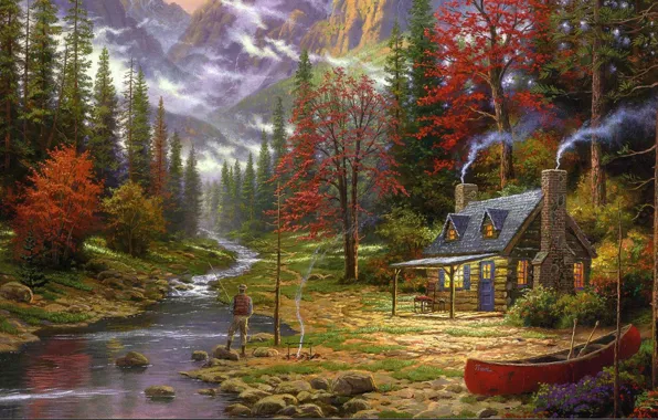 Picture forest, mountains, house, river, boat, figure, picture, fisherman, ate, art, drawings, pictures, hut, painting, the …