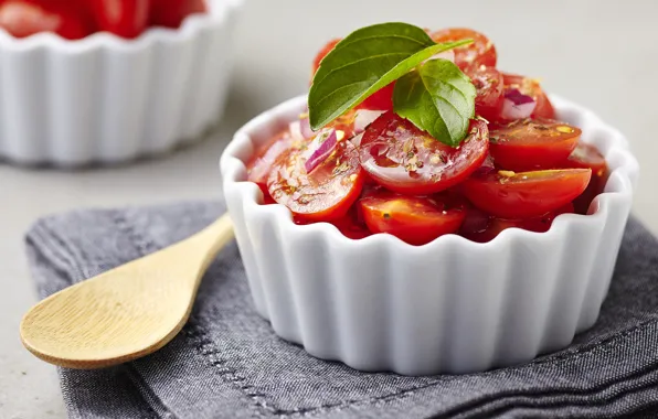 Picture spoon, tomatoes, napkin, salad, tomato salad