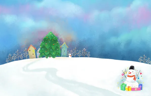 Picture clouds, snow, decoration, figure, the snow, gifts, houses, snowman, tree, path