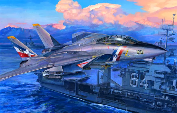 Picture war, art, airplane, painting, aviation, jet, Grumman F-14 Tomcat