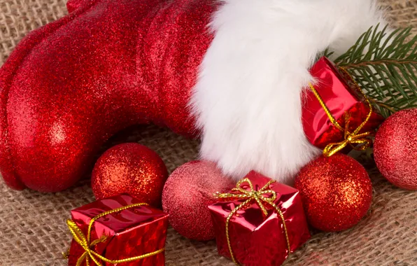 Picture red, holiday, balls, toys, gifts, New year, fur, Christmas, boots