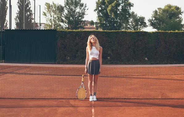 Picture summer, girl, face, hair, skirt, racket, legs, tennis