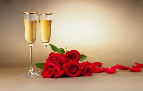 Picture flowers, petals, glasses, champagne, red roses