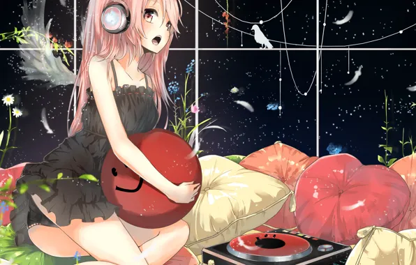 Picture girl, wings, pillow, headphones, art, player, vocaloid, megurine luka, the na-