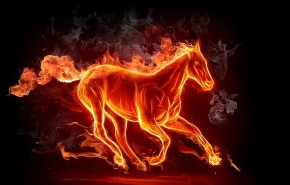 Picture the dark background, fire, horse, smoke