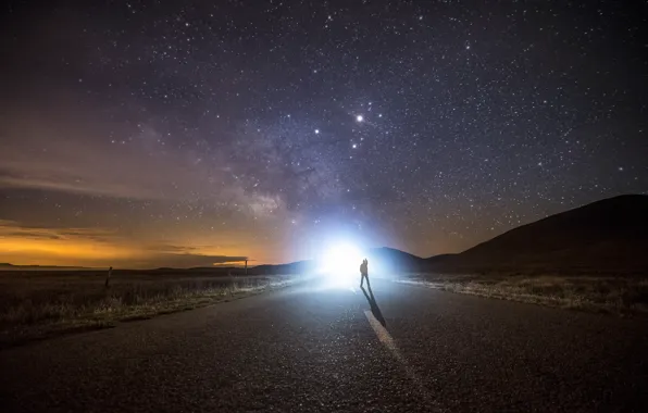 Picture road, stars, people, the milky way