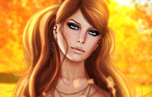 Picture look, girl, face, rendering, background, hair, lips, freckles
