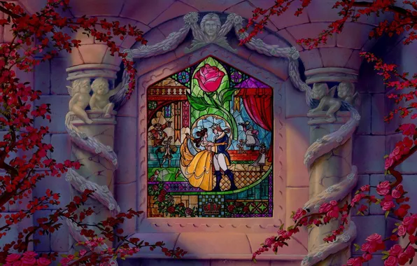 Picture rose, roses, tale, angels, window, stained glass, columns, Disney, Beauty and the Beast, Beauty and …