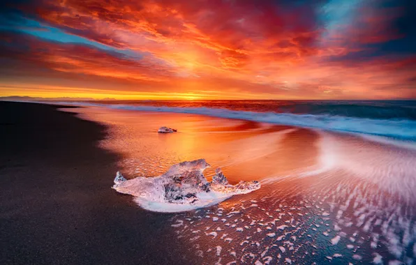 Picture Sky, Fire, Beach, Sun, Water, Sunset, Iceland, Ice, Sea