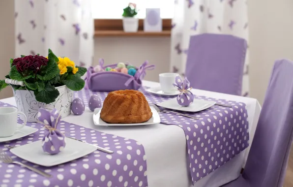 Picture flowers, eggs, Easter, cake, tablecloth, cupcake, Easter, festive table, serving