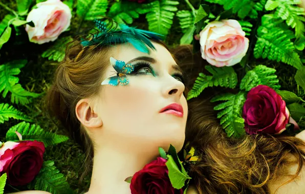 Picture flowers, portrait, makeup, roses, style of a butterfly