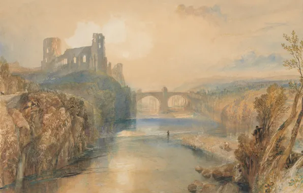 Picture landscape, bridge, river, picture, William Turner, Castle Barnard