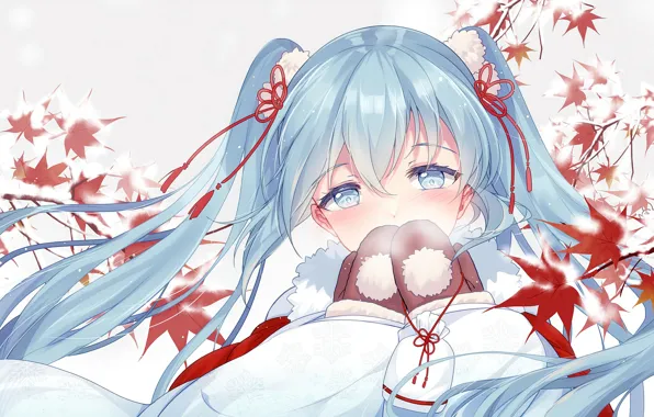 Picture winter, look, leaves, snow, anime, art, girl, vocaloid, hatsune miku, bison bison